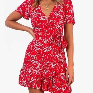 Floral Red Wrap Dress